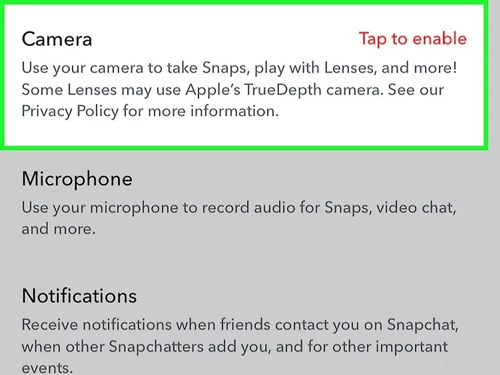 Permitir el acceso a la cámara en Snapchat