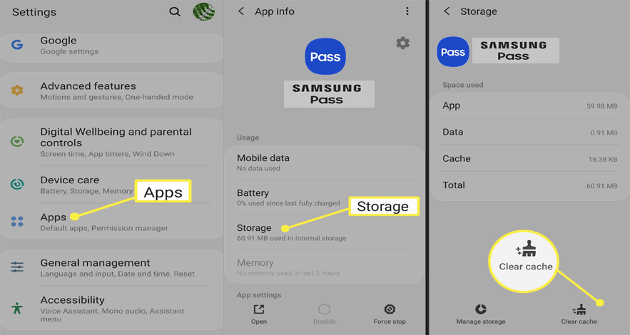 borrar datos y caché de Samsung Pass